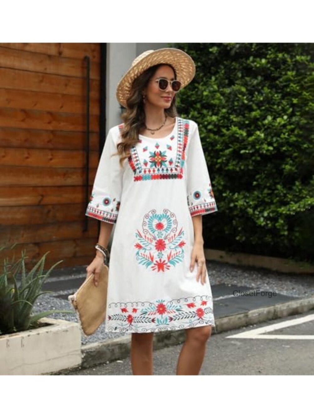 Mexican Embroidered Cotton Bohemian Dress Floral Peasant Fiesta Boho - Picture 2 of 5